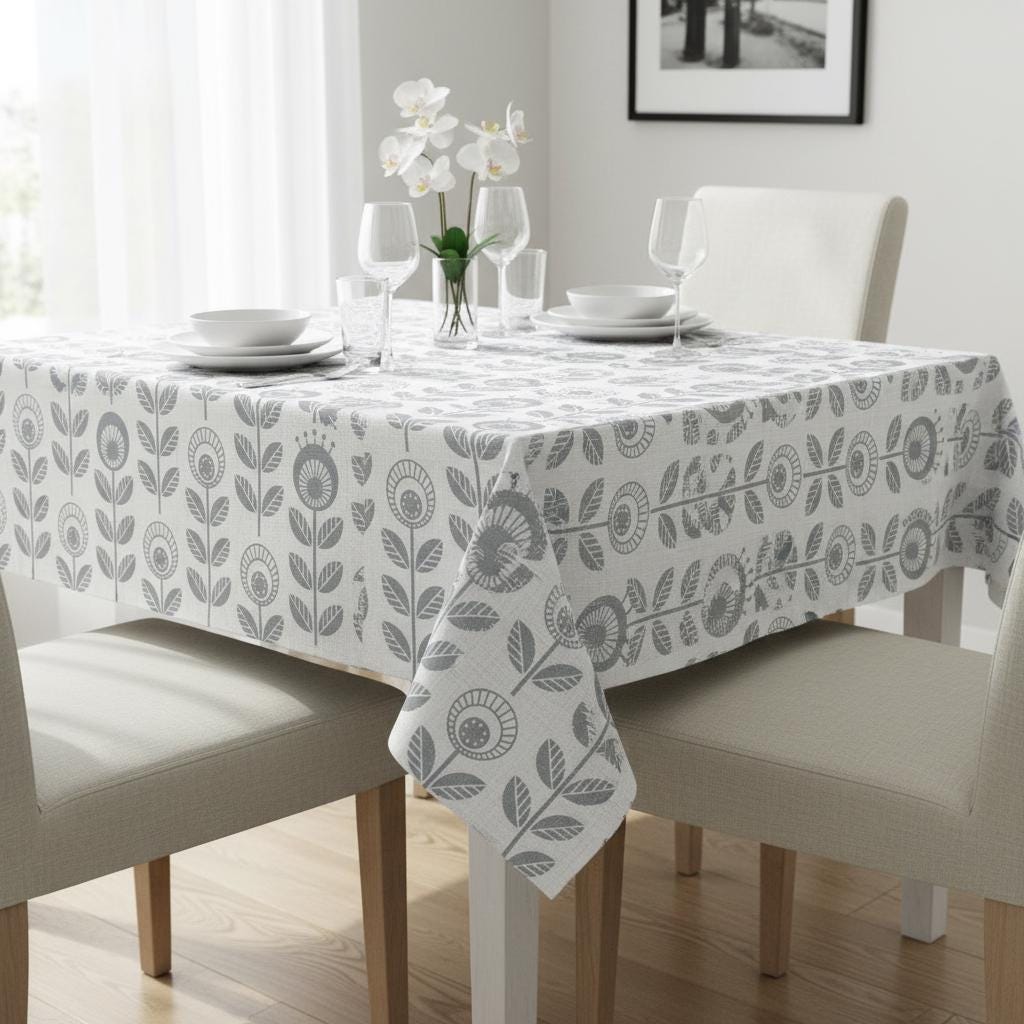 Scandi Dandelion Floral Cotton Tablecloth , Round Oval Rectangle Table Cloth , Handmade UK