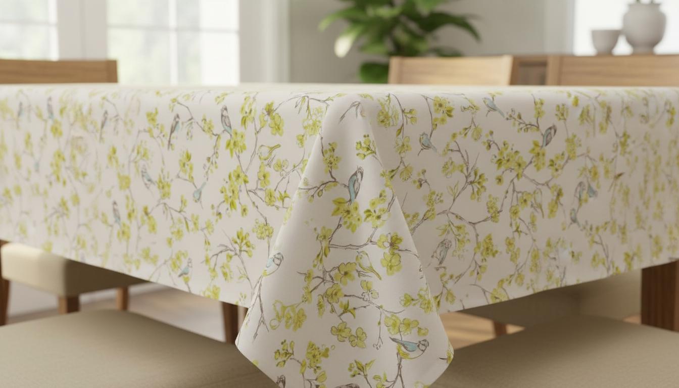 Birdsong Blossom Cotton Tablecloth , Round Oval Rectangle . Handmade UK