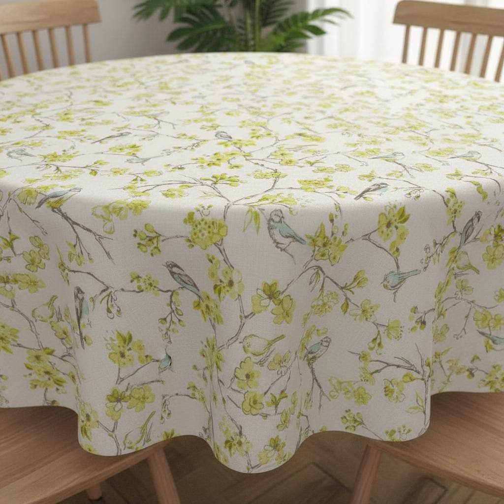 Birdsong Blossom Cotton Tablecloth , Round Oval Rectangle . Handmade UK