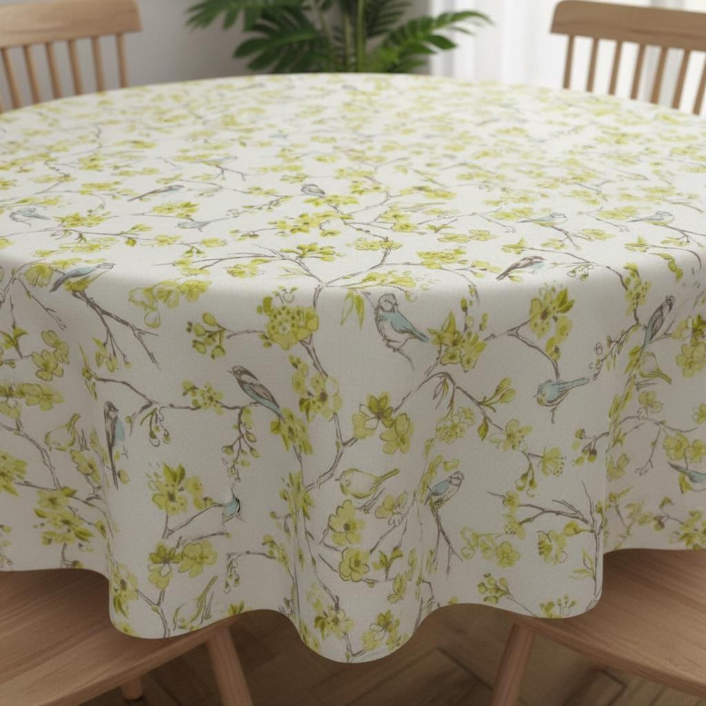 Birdsong Blossom Cotton Tablecloth , Round Oval Rectangle . Handmade UK