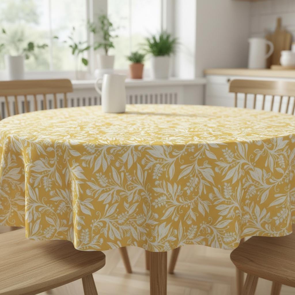 Floral Leaves Oxford Cotton Tablecloth , Ochre Yellow , Oval Round Rectangle