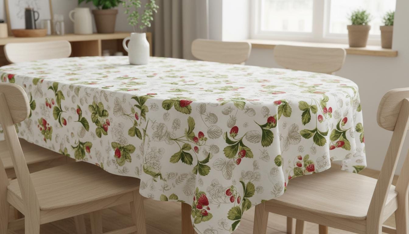 Strawberry Tablecloth , Cotton Round Oval Rectangle Table Cloth , Handmade UK
