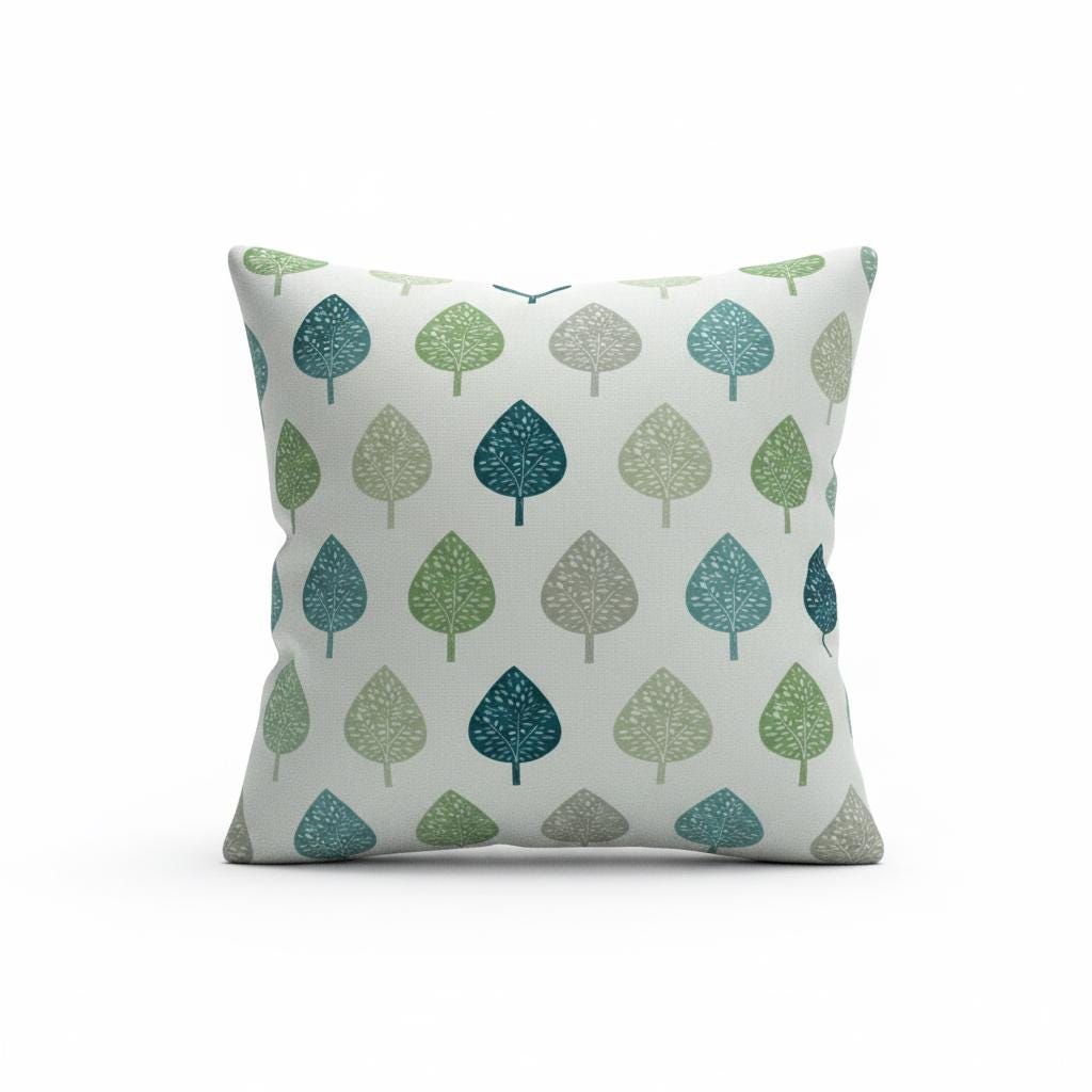 Symmetrical Leaf Leaves Teal Green Cushion Cover, Handmade Cotton Throw Pillow