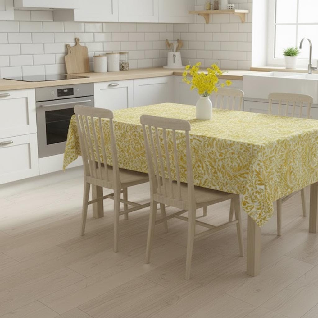 William Morris Larkspur Ochre Yellow Tablecloth , Rectangle Tablecloth , William Morris Tablecloth , Round Tablecloth , Oval Tablecloth