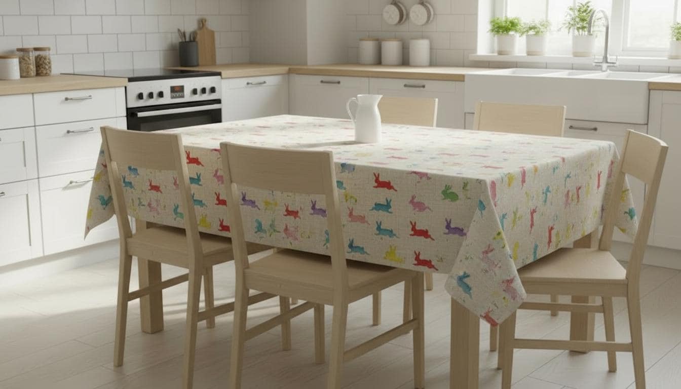 Rainbow Bunny Easter Tablecloth, Handmade Cotton Linen, UK Made