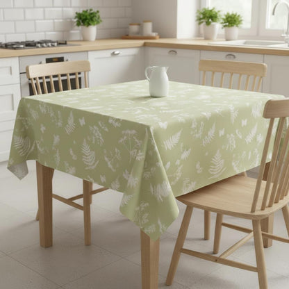 Floral Leaves Green Tablecloth, Scandi Style, Handmade Cotton Linen