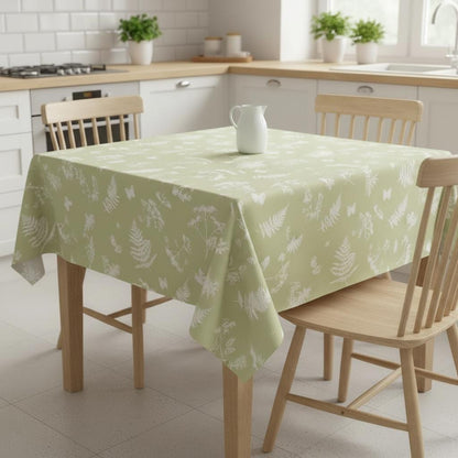 Floral Leaves Green Tablecloth, Scandi Style, Handmade Cotton Linen