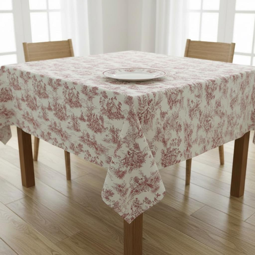Red Toile De Jouy Tablecloth, French Vintage Style, Handmade