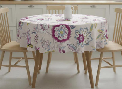 Round Floral Cotton Tablecloth, Retro Octavia Damson Purple, Handmade UK