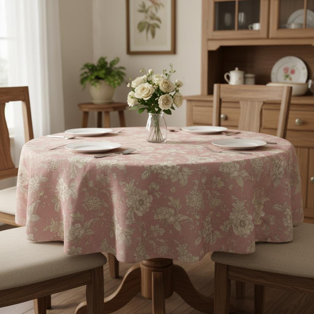 Round Rose Pink Tablecloth , Floral Floral Table Cloth 100% Cotton, Handmade UK