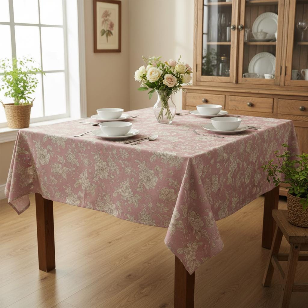 Aquitaine Rose Tablecloth, Pink Floral 100% Cotton, Handmade UK