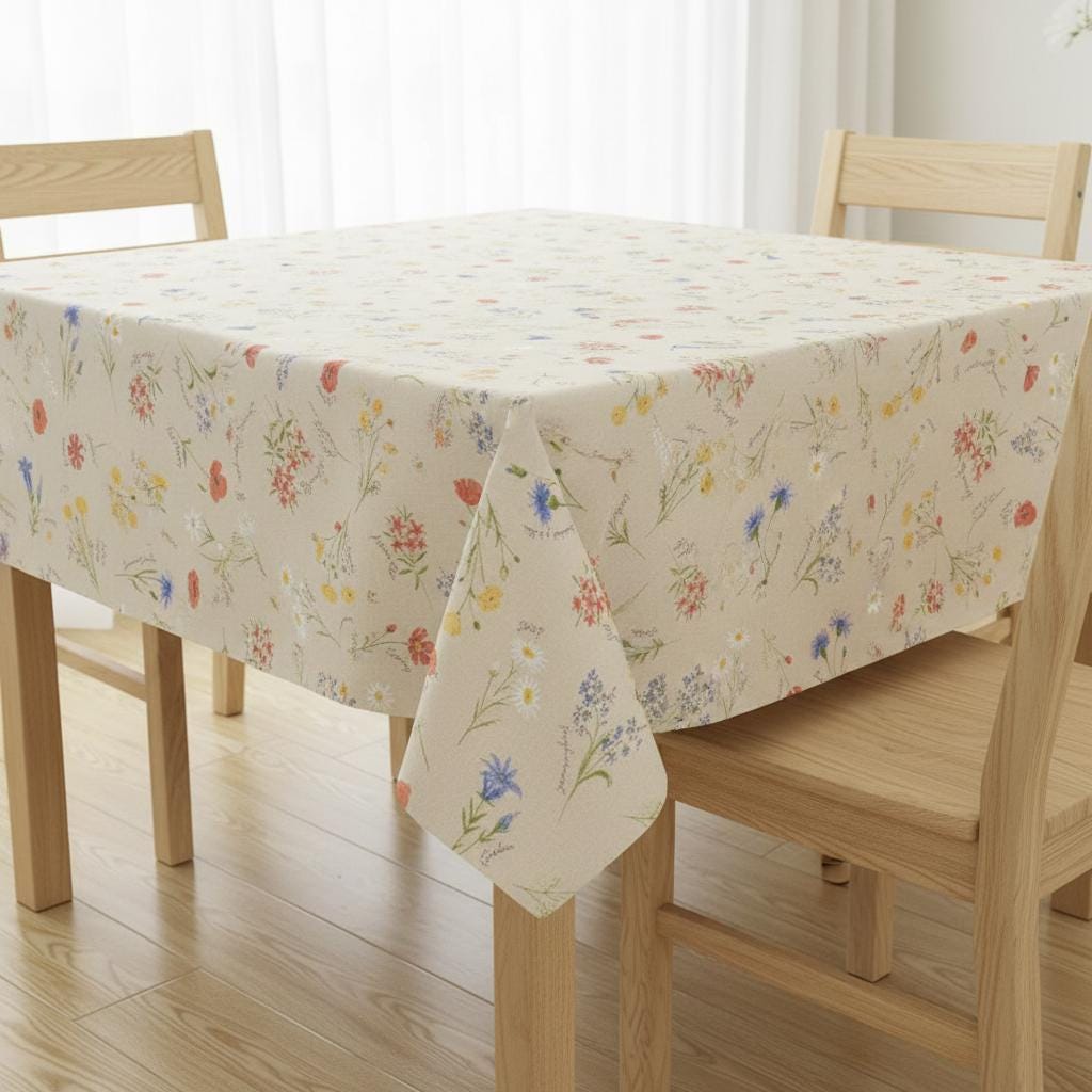 Alpine Floral Tablecloth, Natural Blue Linen Look, Handmade in UK