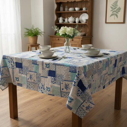 Floral Patchwork Tablecloth, Blue Vintage Cotton Linen