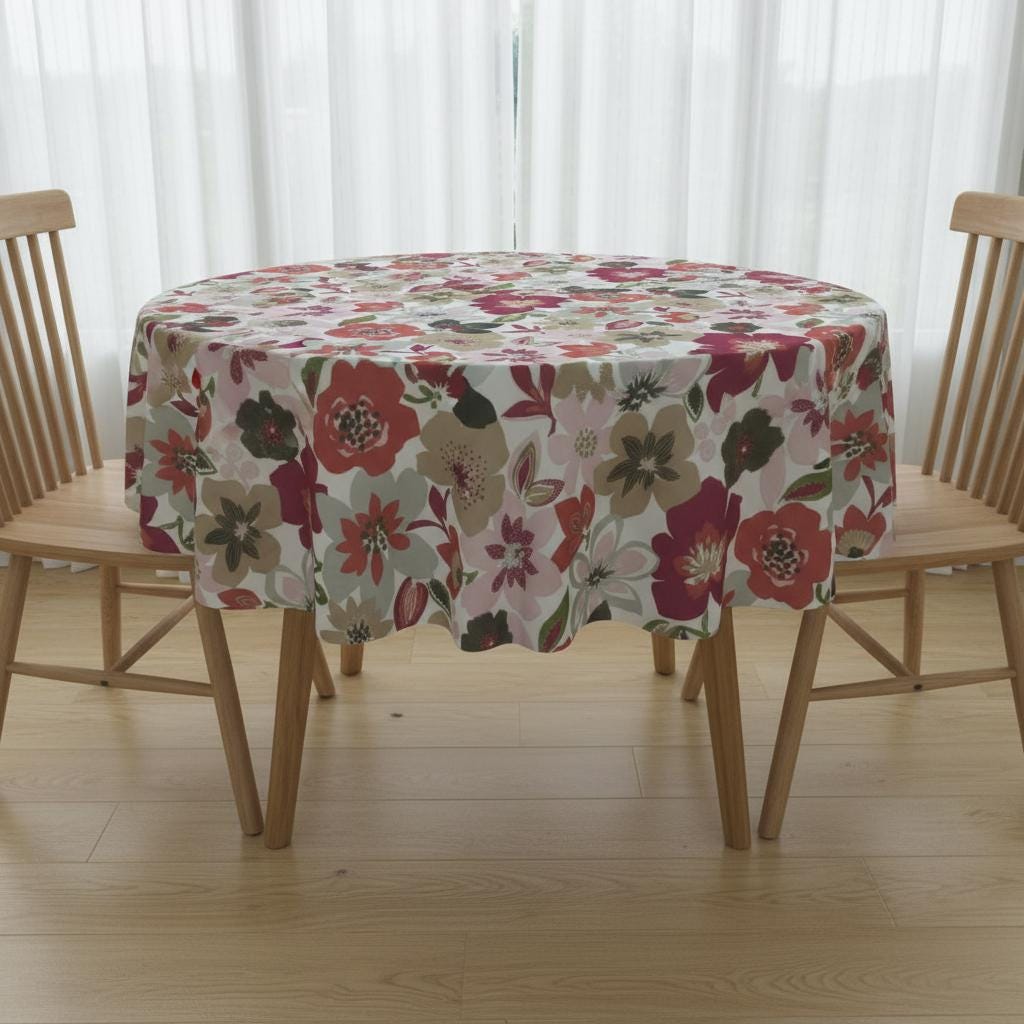 Wildflower Cotton Tablecloth , Pomegranate Red Floral Print