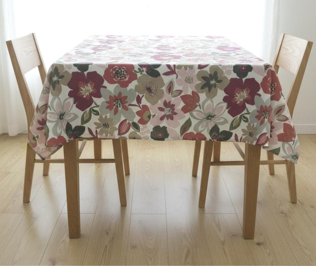 Wildflower Cotton Tablecloth , Pomegranate Red Floral Print