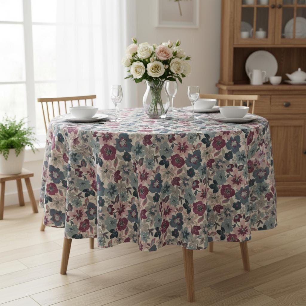 Floral Wildflower Tablecloth , Purple & Blue, Handmade UK