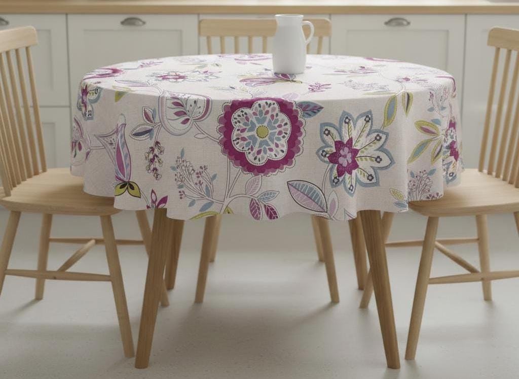 Octavia Damson Purple Floral Tablecloth, Retro Cotton , Handmade UK