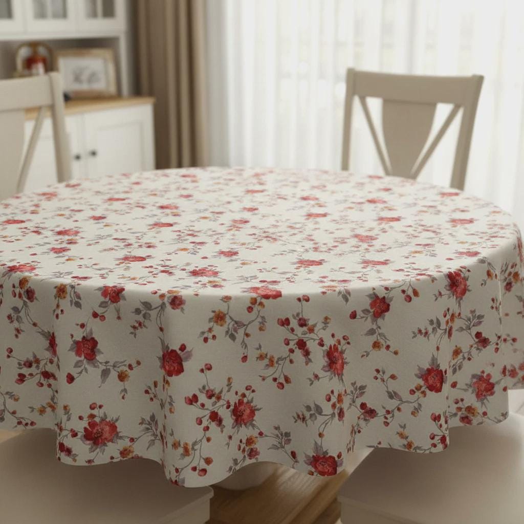 Floral Tablecloth , Cotton Linen Look Oval Round Rectangle Table Cloth , Vintage Style , Handmade Uk