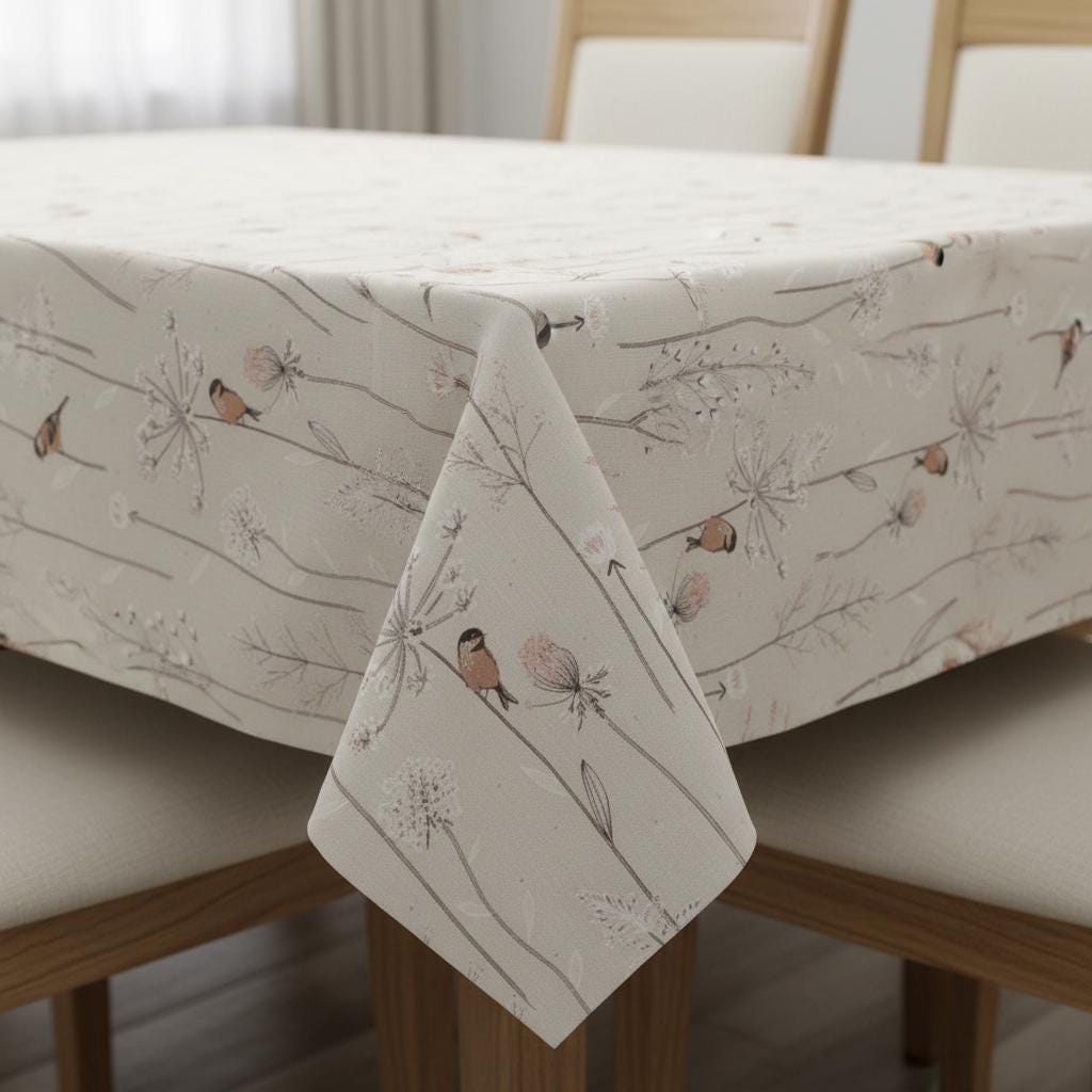 Birds and Twigs Tablecloth: Cotton Linen Look, Handmade in UK