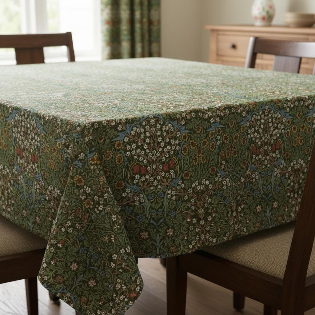 William Morris Blackthorne Tablecloth Forest Green , Round Oval Rectangle , Handmade UK