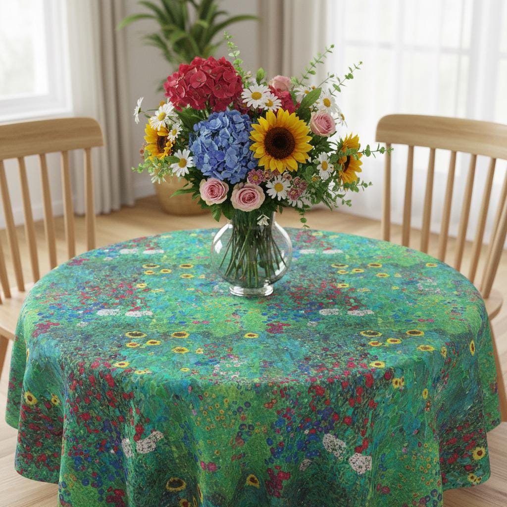 Klimt's Farm Cotton Tablecloth, Floral Garden Print, Handmade in UK