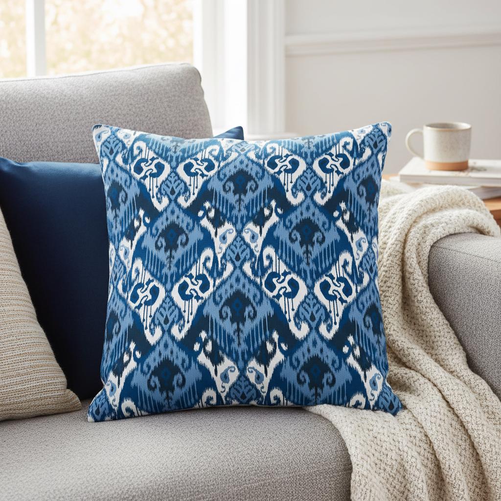 Ikat Geometric Blue Cushion Cover