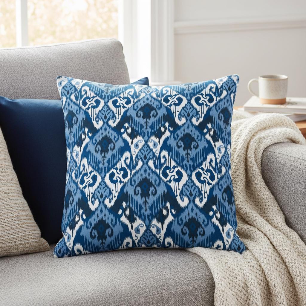 Ikat Geometric Blue Cushion Cover