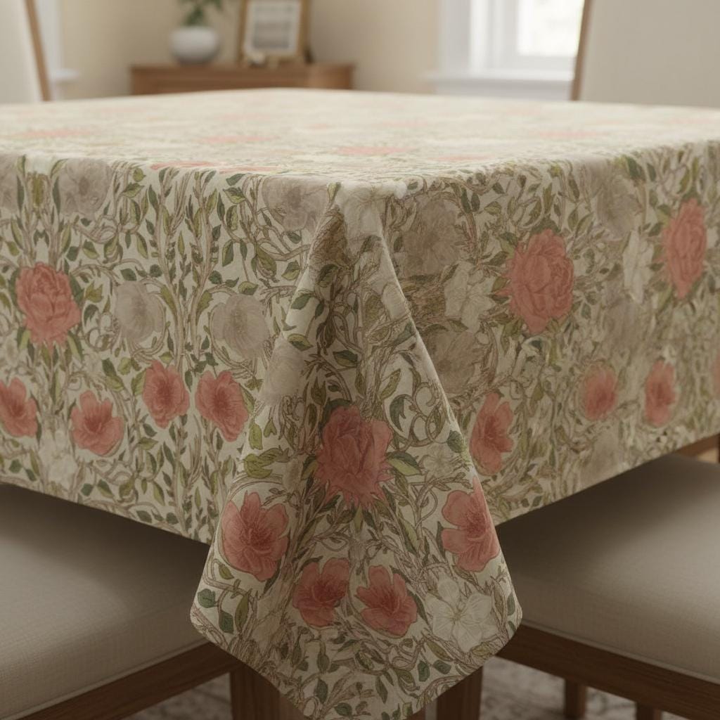 William Morris Ophelia Floral Tablecloth: Chintz Red, Handmade UK