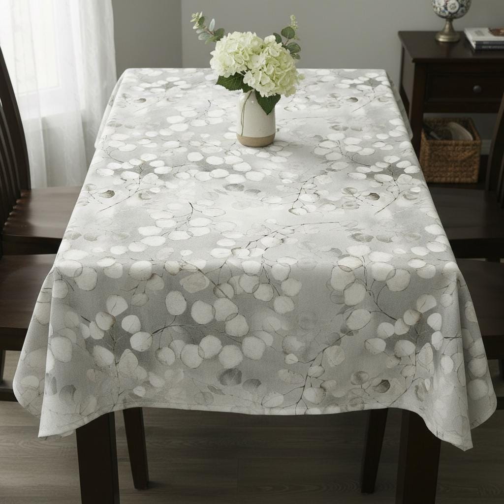 Honesty Leaves Grey Tablecloth , Scandi Botanical Leaf Print Table Cloth , Round Oval Rectangle