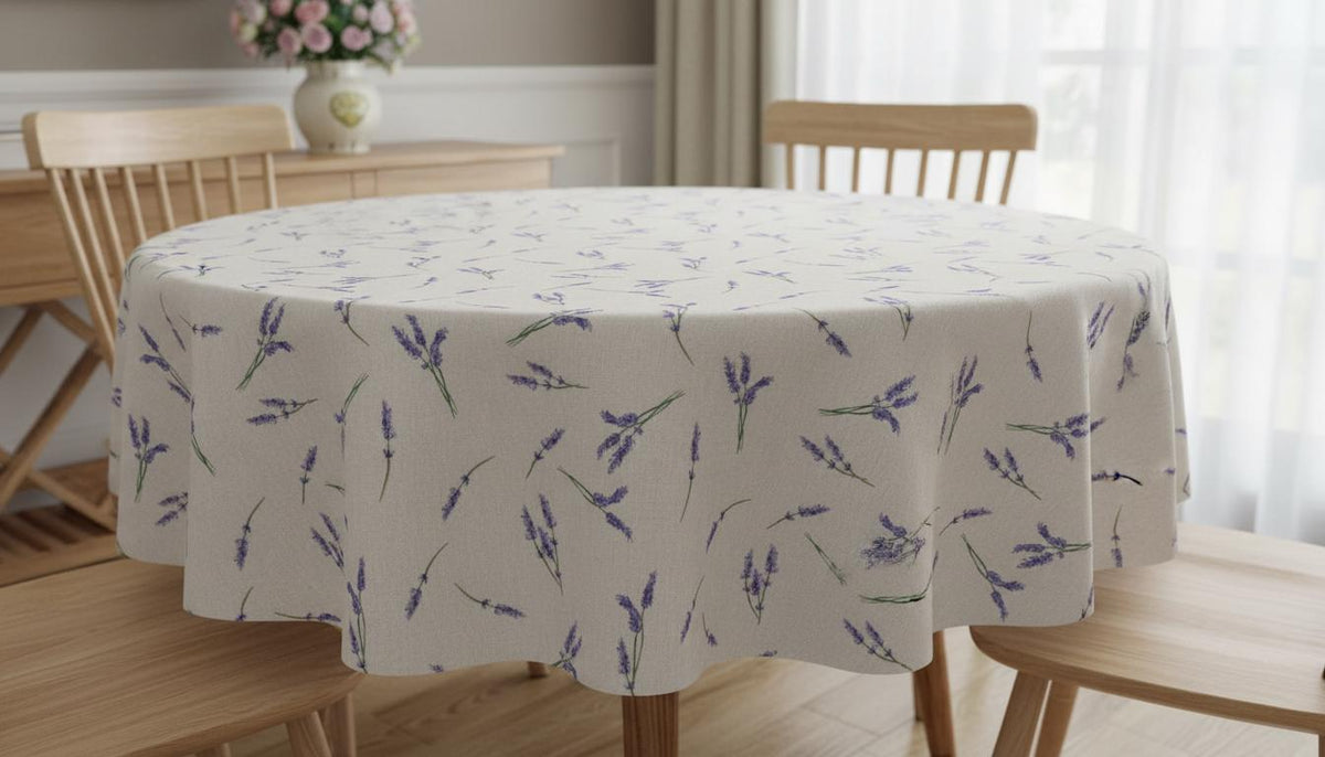 Lavender Sprigs Natural Tablecloth , Linen Look Table Cloth , Round Oval Rectange , Handmade UK