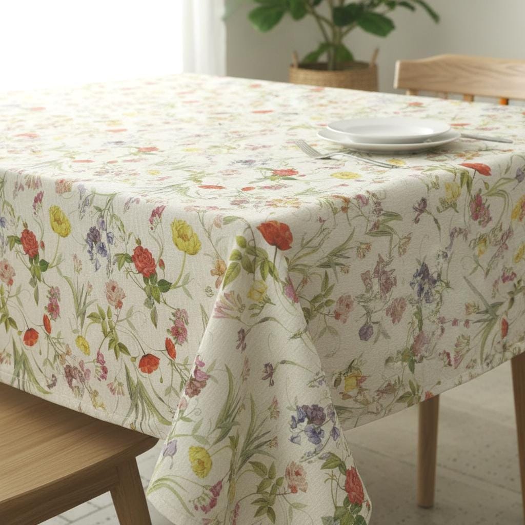 Delicate Wildflower Meadow Tablecloth , Round Oval Rectangle , Handmade UK