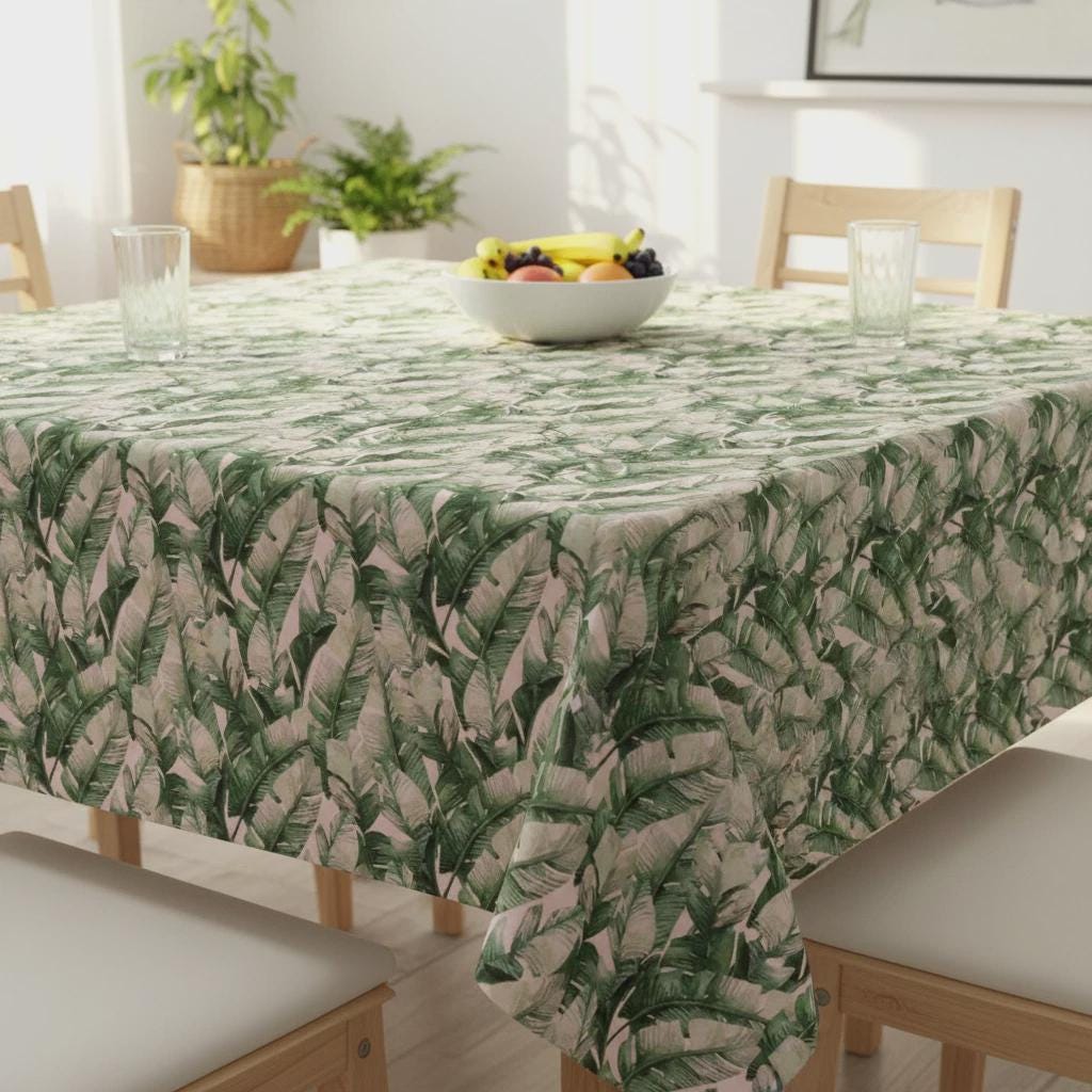 Tropical Green Leaf Paradise Tablecloth , Palm Leaf Table Cloth , Round Oval Rectangle , Handmade UK