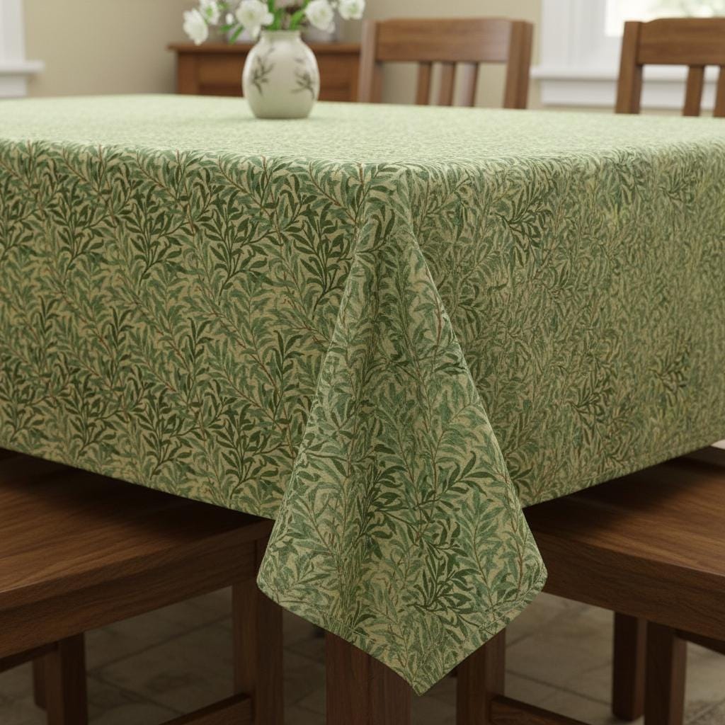 William Morris Coated Tablecloth Willow Bough Sage, Water Resistant Outdoor, Round Oval Rectangle