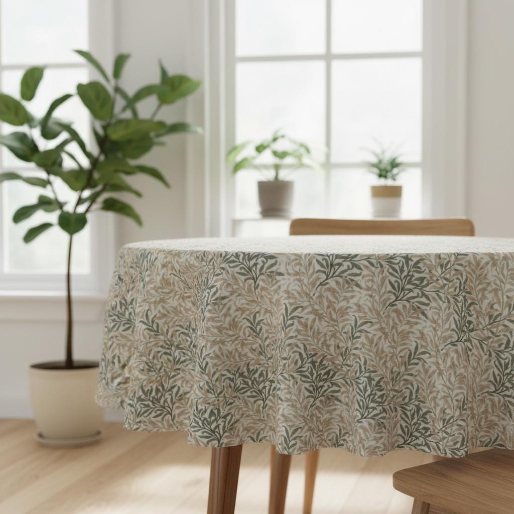 William Morris Willow Bough Natural Coated Tablecloth , Water Resistant Tablecloths , Outdoor Tablecloth , Round Oval Rectangle Tablecloth