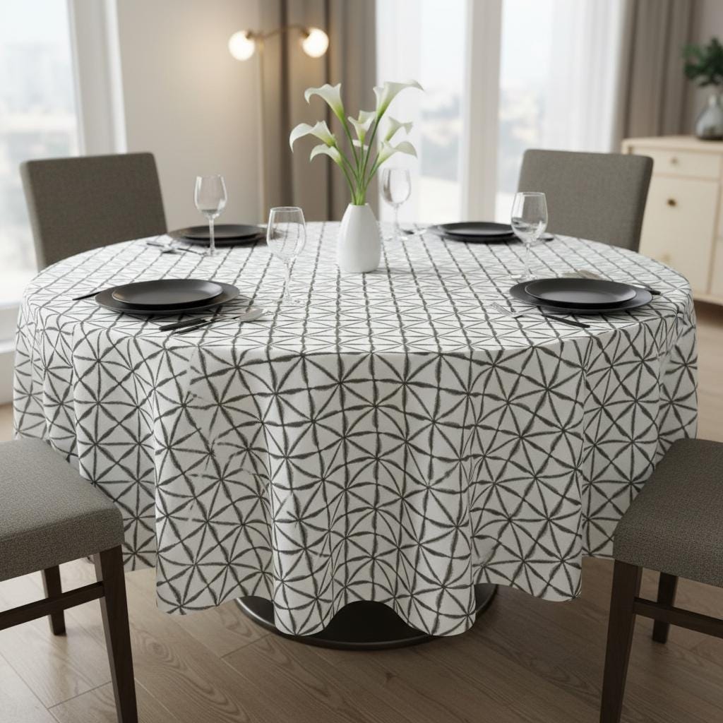 Abstract Geometric Nussa Charcoal Tablecloth , Round Oval Rectange Table cloth