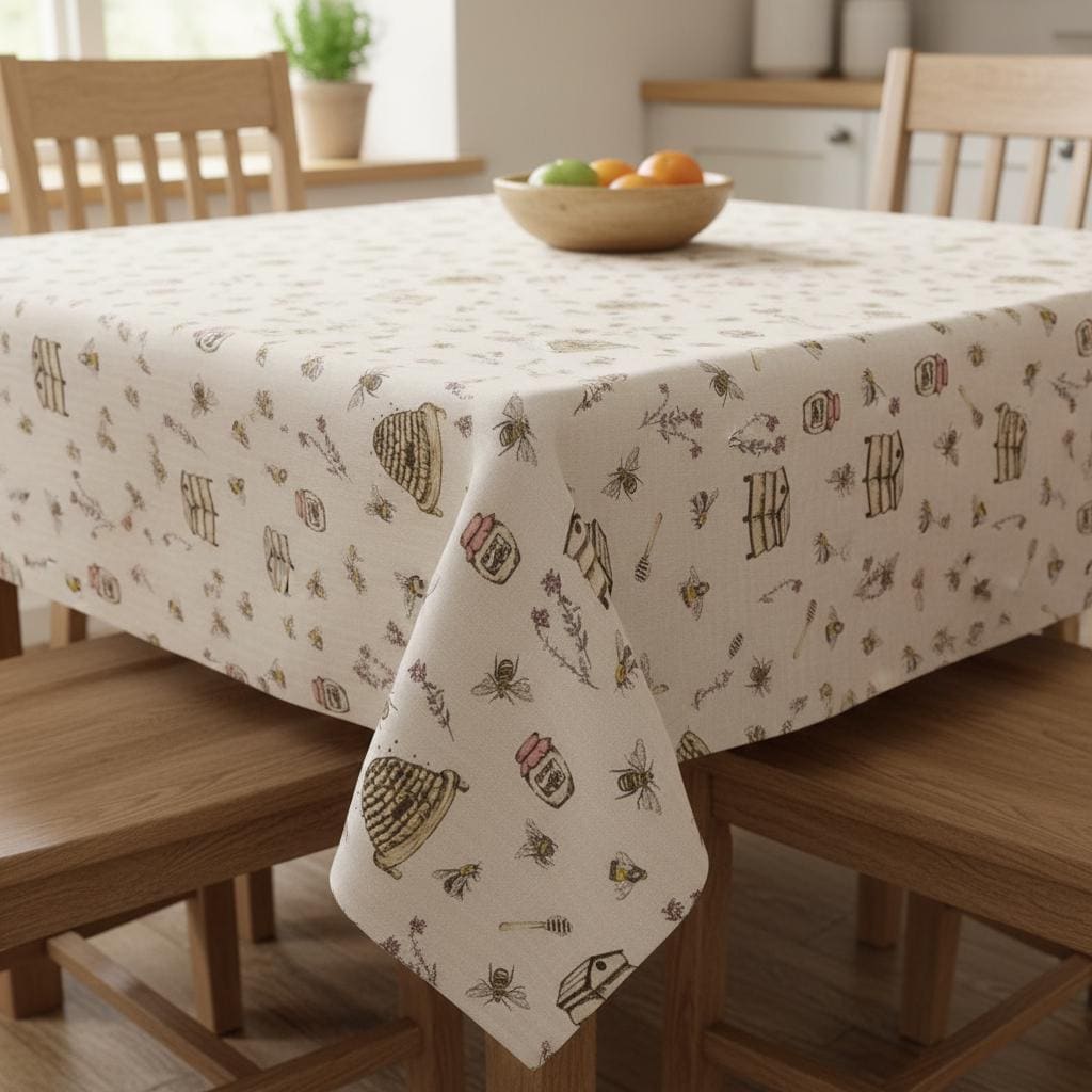 Honey Bees Natural Tablecloth , Round Oval Rectangle Square Table cloth , Handmade UK
