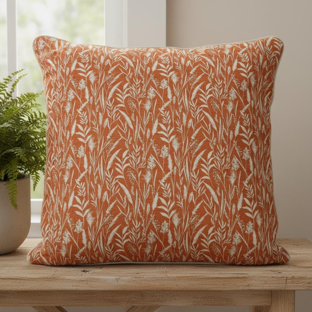 Wild Grasses Clementine Orange Throw Pillow Cover, Handmade Cotton
