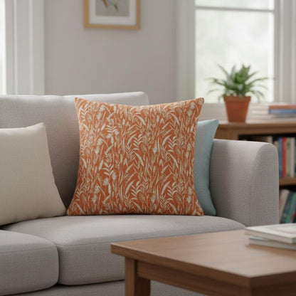 Wild Grasses Clementine Orange Throw Pillow Cover, Handmade Cotton