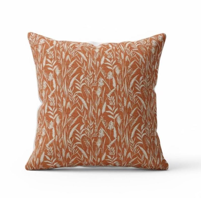 Wild Grasses Clementine Orange Throw Pillow Cover, Handmade Cotton
