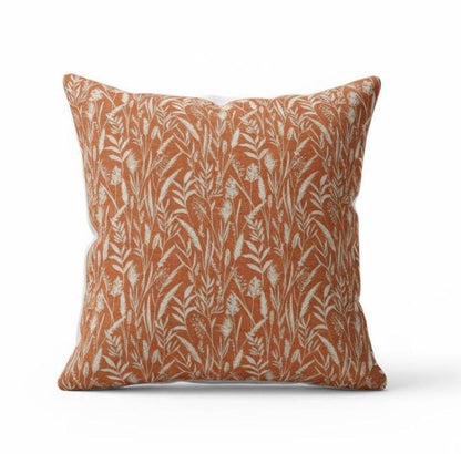 Wild Grasses Clementine Orange Throw Pillow Cover, Handmade Cotton