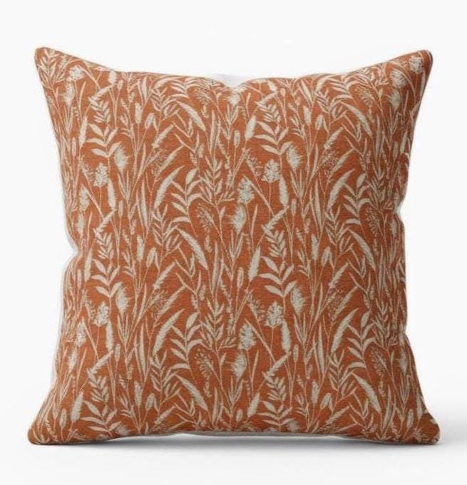 Wild Grasses Clementine Orange Throw Pillow Cover, Handmade Cotton