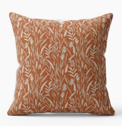 Wild Grasses Clementine Orange Throw Pillow Cover, Handmade Cotton