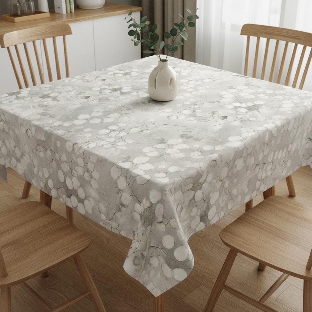 Honesty Leaves Grey Tablecloth , Scandi Botanical Leaf Print Table Cloth , Round Oval Rectangle