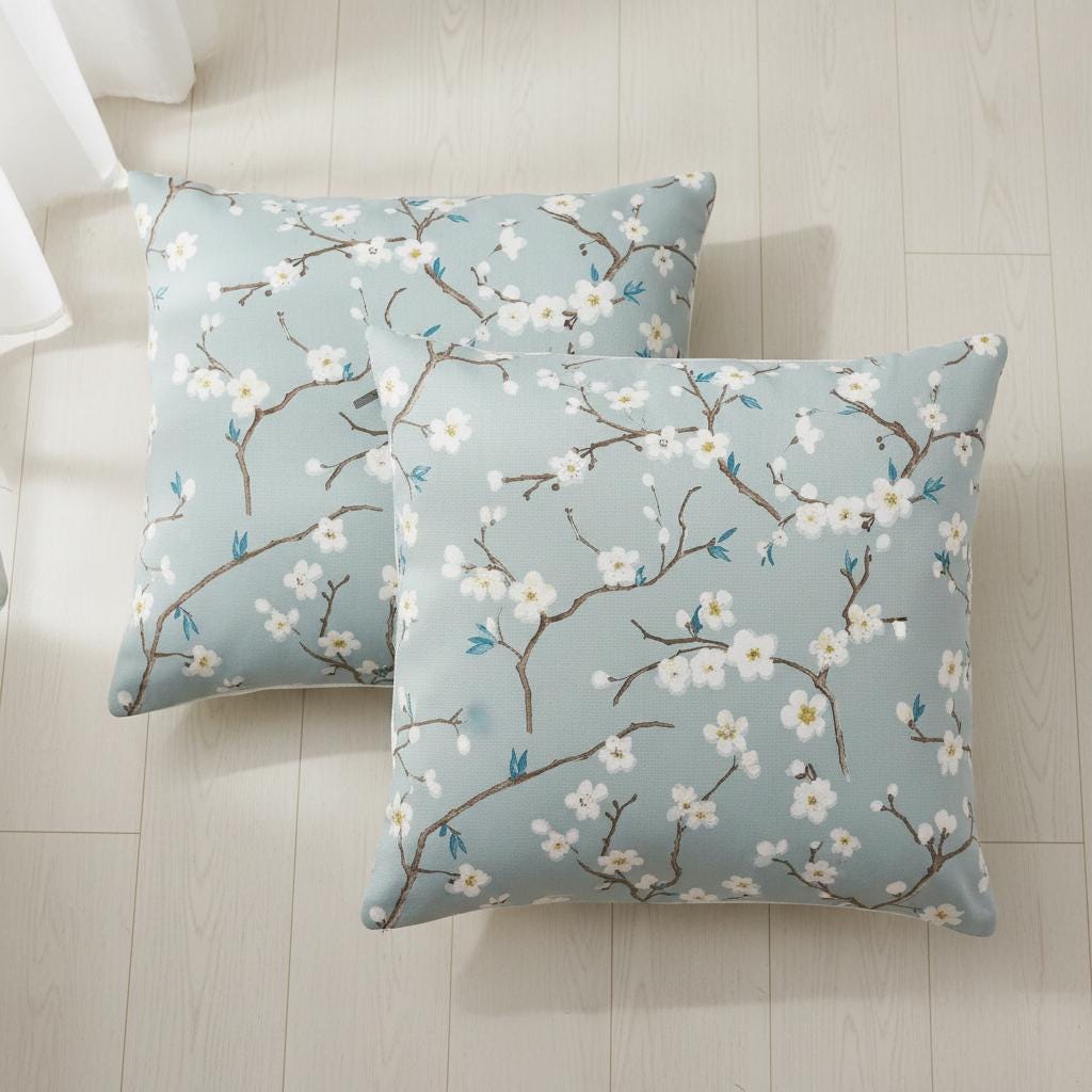 Japanese Cherry Blossom Floral Cushion Cover , Marine Blue Floral Throw Pillow
