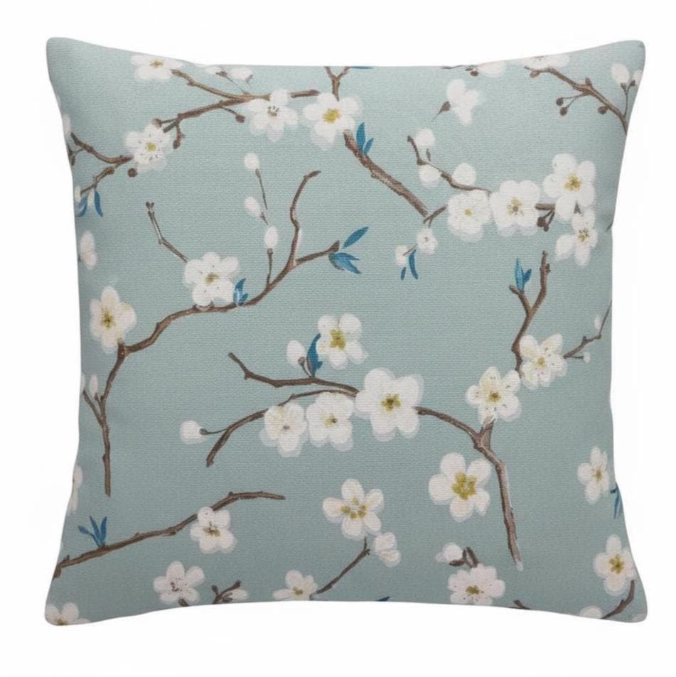 Japanese Cherry Blossom Floral Cushion Cover , Marine Blue Floral Throw Pillow