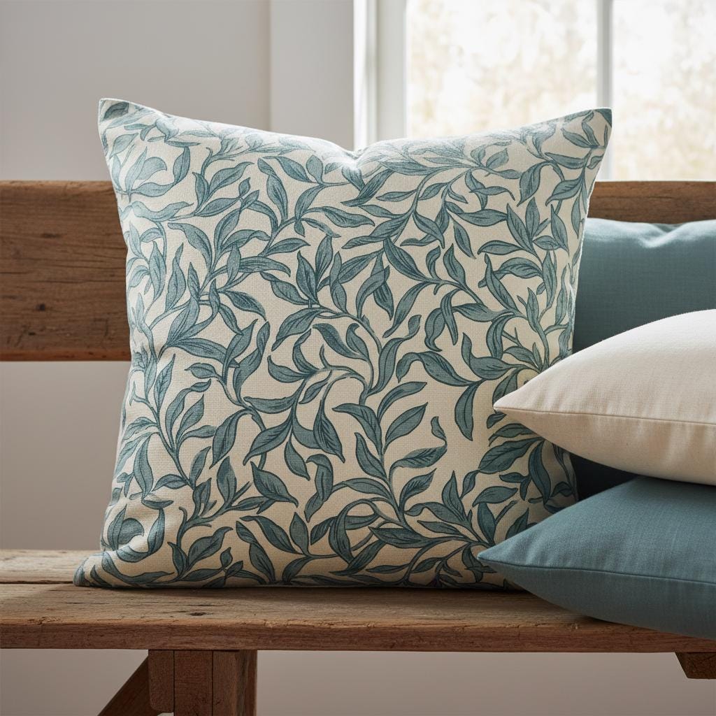 Leaf Elegance Entwistle Teal Cushion Cover , Leaves Throw Pillow , Handmade UK