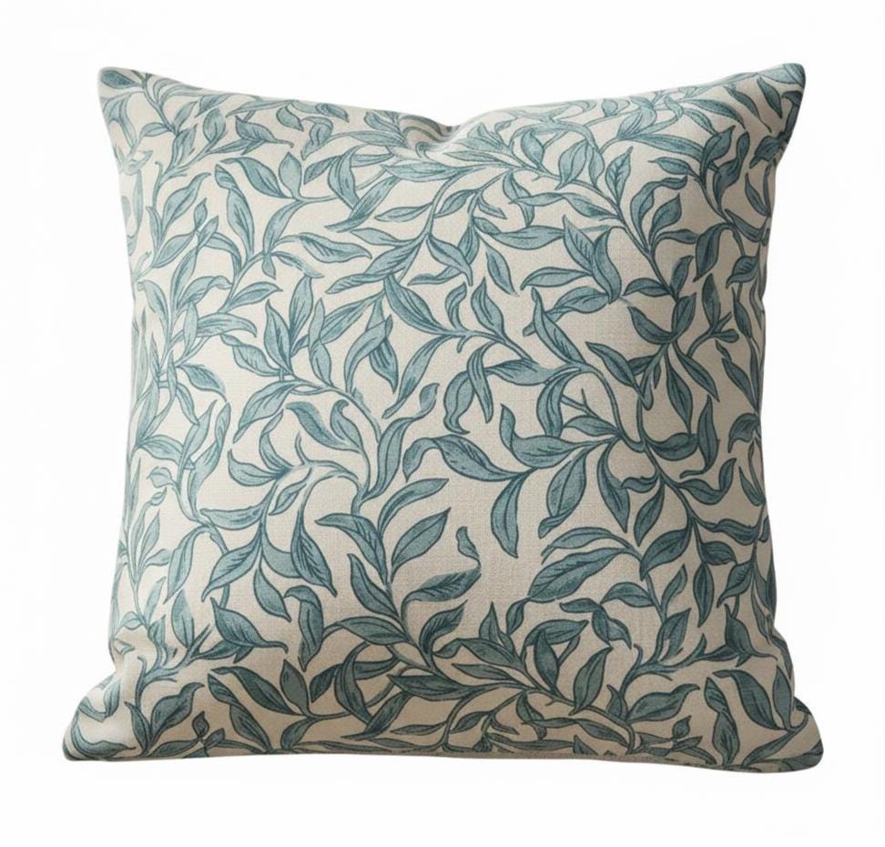 Leaf Elegance Entwistle Teal Cushion Cover , Leaves Throw Pillow , Handmade UK