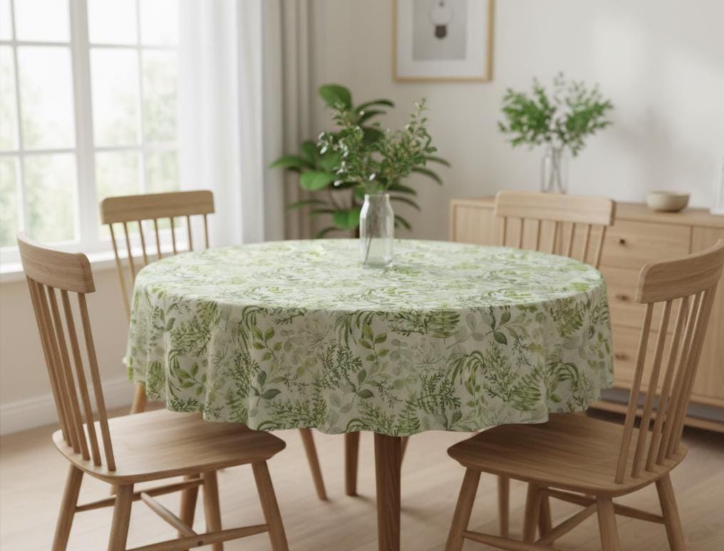 Elegant Green Botanical Leaf Floral Tablecloth, Oval Round Rectangle, Handmade UK