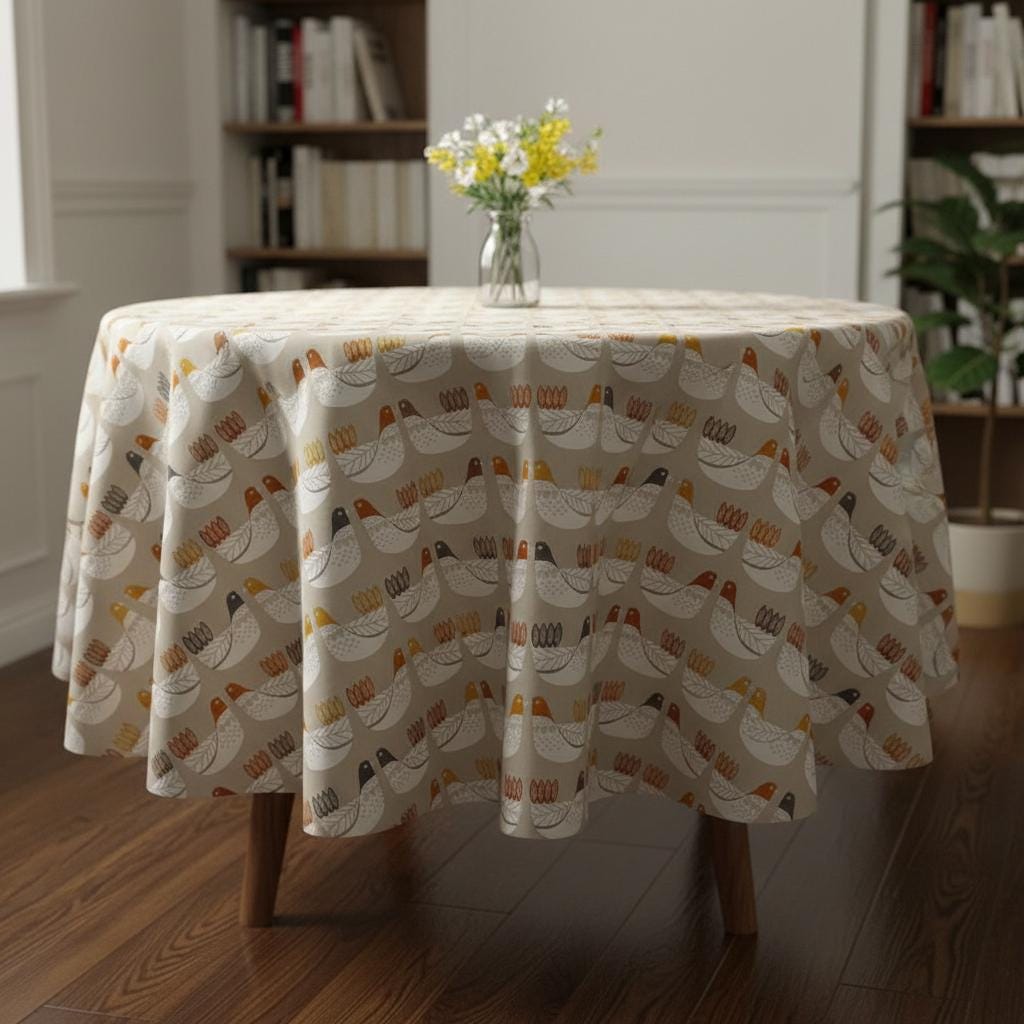 Tangerine Cluck Cluck Tablecloth , Hens Cotton Table Cloth , Round Oval Rectangle