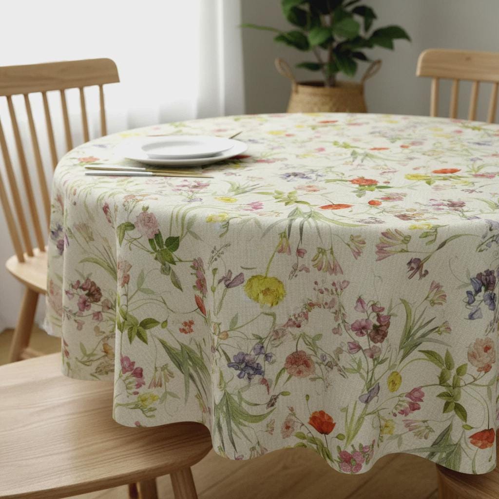 Round Soft Pastel Floral Tablecloth , Floral Flowers Blossom Table Cloth , Round Oval Rectangle . Handmade UK